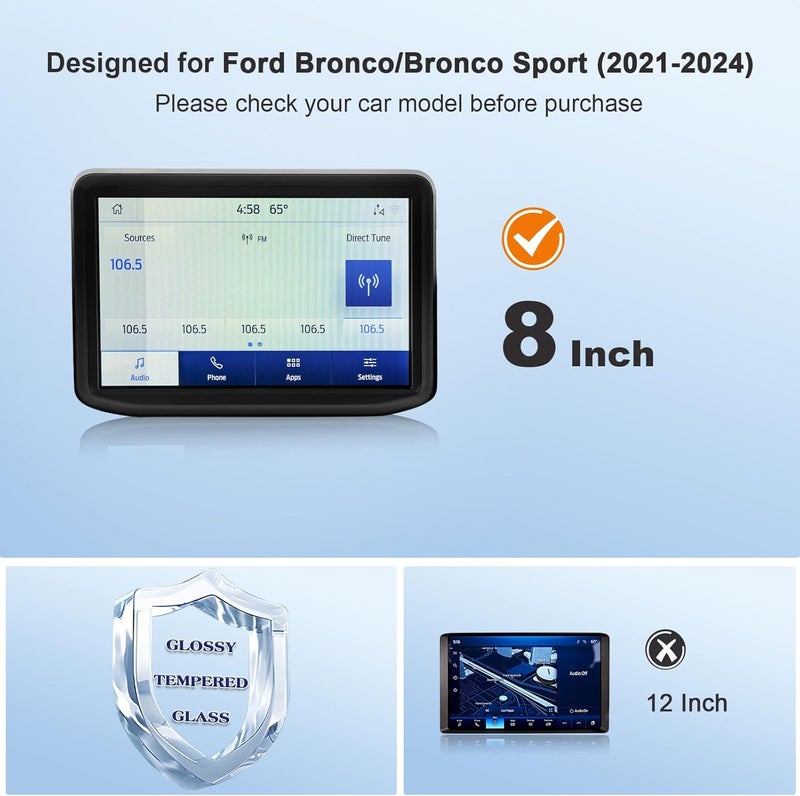 BSTW Bronco Screen Protector 8 In for 2021-2024 Ford Bronco/Bronco Sport Base/Big Bend/Outer Banks/Badlands SYNC 3 8-In Touchscreen Anti-Scratch Tempered Glass Protective Film (Bronco Sport 8-In HD) - Image 2